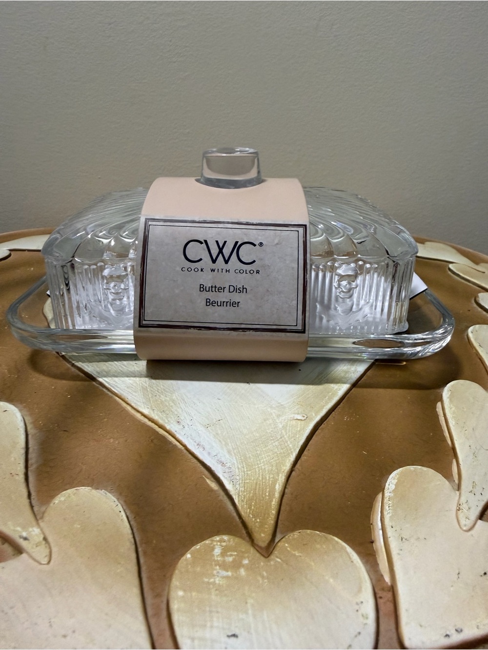 CWC Halloween Glass Butter Dish with Embossed Skulls & Bats